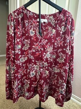 LOFT Burgundy Floral V-Neck Blouse